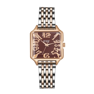 Fashionable square women watch with brown dial and rose gold bicolor steel strap
