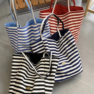Sac Fourre-Tout En Toile Rayé Grande Capacité Décontracté Imprimé Lettres Sac À Main Sac À Épaule Pour Femmes Voyage