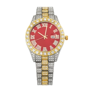 Luxury gold and silver steel watch with red sunray dial and diamond-encrusted bezel