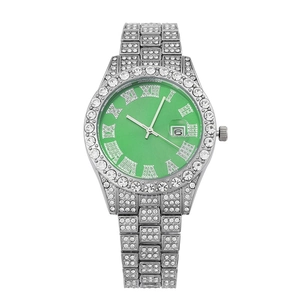 Luxury silver-plated full crystal watch with emerald green dial and Roman numeral indices