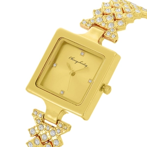Women's square gold fashion watch with rhinestones and elegant hollowed metal strap
