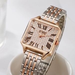 Elegant rose gold square watch with crystal dial and roman numerals on white cup