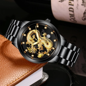 Classic black steel quartz watch for men featuring a 3D golden dragon relief dial