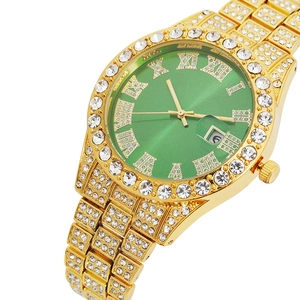Luxury gold watch with green Roman dial and sparkling crystals for men and women