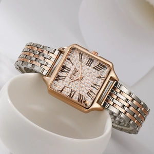 Women's square quartz watch with crystal-set dial and rose gold two-tone steel band
