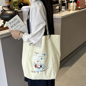Ins-style canvas tote bag with cherry cake embroidery and Happy Day text for daily use