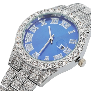 Luxury iced-out silver quartz watch with blue Roman dial and crystal paved bracelet