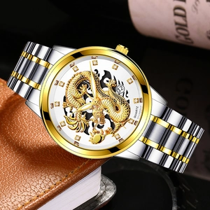 Classic men's steel watch with 3D gold dragon relief, calendar and diamond markers