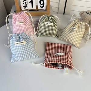 5-piece set of checkered drawstring bags for travel and cosmetic storage in varied colors