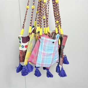 Bohemian vintage checkered mini crossbody phone bag with tassel and colorful strap
