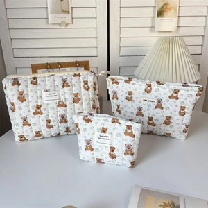 Trousse De Maquillage Matelassée Ours Dessin Animé Imprimé Floral Coton Fermeture Éclair Organisateur Pour Femmes Style Coréen