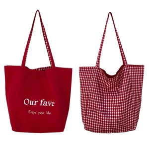 Dual-style large canvas tote bags with red letter print and red-white checkered patterns