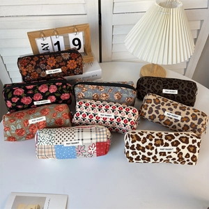 Floral corduroy large capacity pencil case and cosmetic bag with zipper for stationery