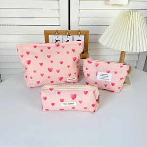 Heart Print Pink Cosmetic Bag Travel Toiletry Case Portable Canvas Makeup Organizer Pouch Sweet Lovely Style For Women