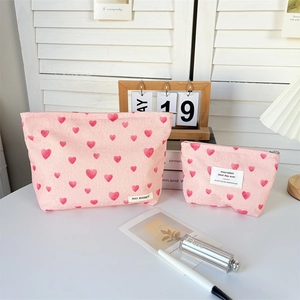 Sweet pink heart pattern canvas cosmetic bag set in large and small sizes