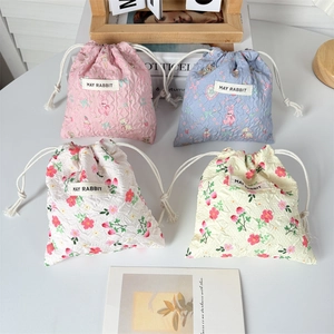 Mini Borsa Portaoggetti Con Coulisse Seersucker Custodia Floreale Per Viaggi Gioielli Cosmetici Kawaii Cartone Animato Organizzatore Da Scrivania