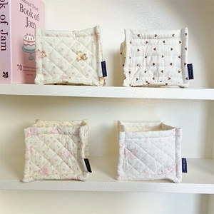 Quilted floral fabric storage bins set with bear and heart prints for desk organization