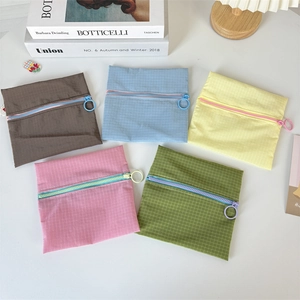 Nylon Waterproof Coin Purse Plaid Grid Zipper Storage Bag For Earphones Lipstick Portable Square Pouch For Women Men