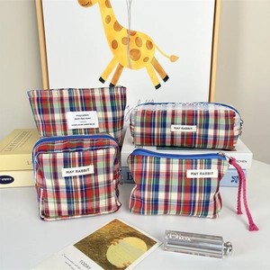 Retro plaid cosmetic bag set with sweet lace trim and large capacity storage design