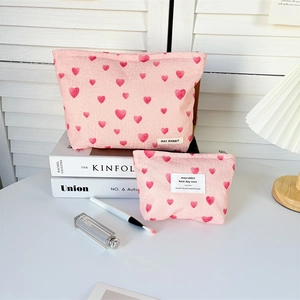 Pink heart printed canvas makeup bag set with large capacity for travel storage