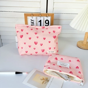 Pink heart pattern cosmetic bag set with large travel pouch and small makeup organizer