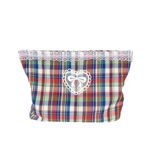 Chic plaid fabric cosmetic bag with delicate lace trim and heart embroidery on white background