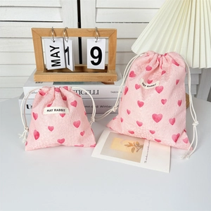 Pink heart pattern drawstring storage bags for accessories in two portable sizes