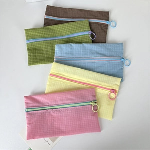 Plaid Nylon Coin Purse Mini Storage Bag With Round Ring Zipper Contrast Color Portable Makeup Pouch For Daily Use
