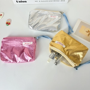 Metallic shiny makeup pouch set with wrist strap for cosmetics and high-end fashion storage