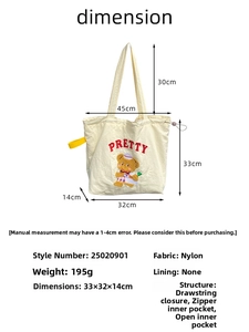 Detailed size chart of the beige canvas tote bag with bear embroidery and interior structure