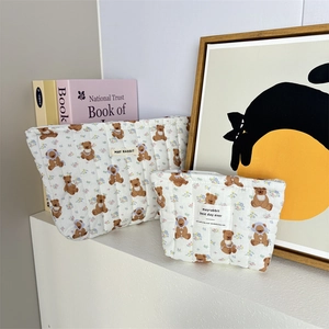 Lot de trousses de maquillage matelassées motif ours et fleurs en coton moelleux