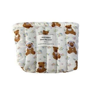 Trousse de maquillage matelassée en coton avec motif ours et fleurs de style coréen