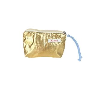 Shiny gold metallic makeup pouch with cream zipper and blue woven puller for women