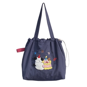 Navy nylon tote bag with drawstring and white cartoon dog towel embroidery pattern