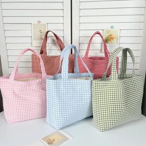 Checkered Canvas Handbag Gingham Plaid Large Capacity Tote Bag For Daily Outing Minimalist Portable Women