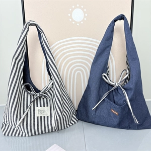 Reversible Striped Canvas Tote Bag Large Capacity Vintage Underarm Handbag With Bowknot Tie For Women