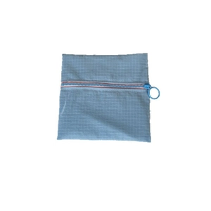 Waterproof light blue checkered nylon mini coin purse with large circular zipper puller