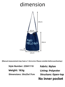 Detailed dimensions of blue nylon tote bag showing size 30x25x17cm and 39cm handle height