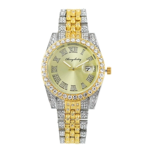 Men's luxury business quartz watch with diamond bezel, roman numerals and steel band