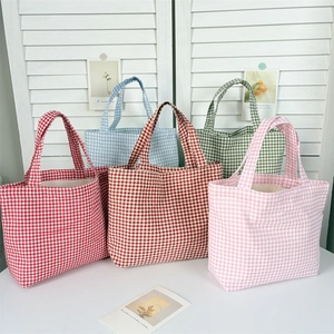 Minimalist large plaid canvas handbag available in red, blue, burgundy, green and pink