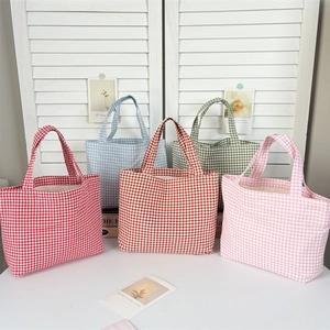 Minimalist checkered canvas tote bags in five colors with soft cotton handles