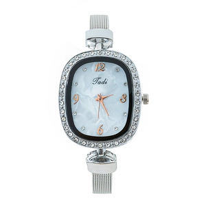 Elegant Women Quartz Watch Oval Rhinestone Bezel Alloy Mesh Band Marble Dial Analog Fashion Wristwatch For Ladies