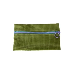 Waterproof nylon coin purse with green grid pattern and purple zipper closure