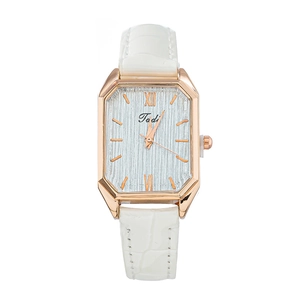 Elegant women's square quartz watch with white leather strap and rose gold octagonal case