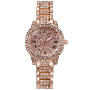 Women Luxury Iced Out Rhinestone Quartz Watch Alloy Metal Band Roman Numerals Round Dial Fashion Accessory
