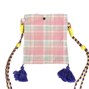 Retro plaid crossbody phone bag with pink and green fabric and purple tassels