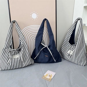 Retro double-sided striped canvas tote bags with bow ties in black white and navy blue