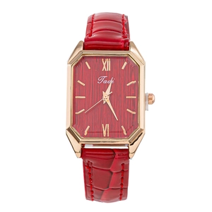 Women's square quartz watch with red dial, gold case, and crocodile pattern leather strap