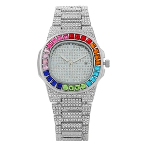 Rainbow bezel diamond-encrusted stainless steel watch with colorful zircon and date display