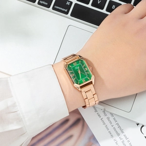 Elegant women's square quartz watch with emerald green dial and rose gold steel strap